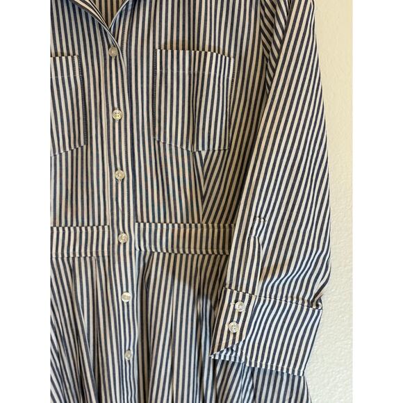 ELIZA J DRESS Shirt Dress Blue White Stripe Button Down Cotton Fit Flare Size 12 - Picture 7 of 8